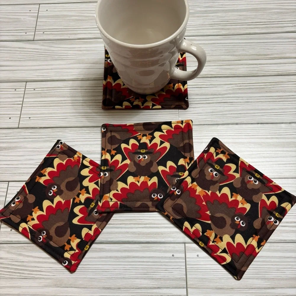 Handmade Turkey Print Reusable Washable Fabric Coaster Set